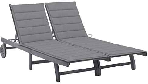 Yisssmeng 2-Person Outdoor Chaise Lounge Grey Solid Acacia Wood 78.7 x 23.6 x 39.4 in Adjustable Backrest Patio Poolside Recliner with Wheels for Garden Terrace Balcony