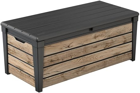Keter Gartenbox Brightwood | 454 Liter, Holzoptik Pinie | Deckel mit Gasdruckfedern, bis 300 kg belastbar | wetterfest, wasserdicht, UV-resistent | Auflagenbox Kissenbox aus Kunststoff