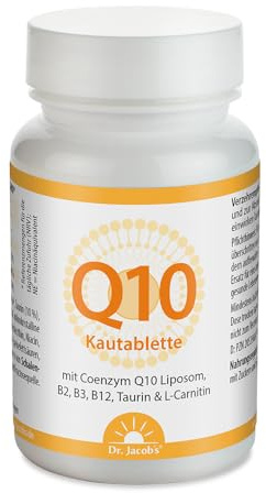 Q10 Kautablette von Dr. Jacob's I Liposomales Coenzym Q10 | mit Vitamin B2, B12, Niacin, Taurin und L-Carnitin I für Ihre tägliche Energie* I 60 Tabletten I vegan