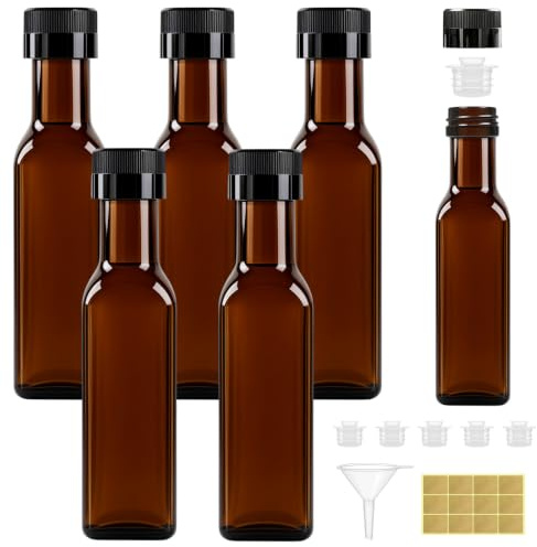 Hengxinc 6 PCS 100ml Olive Oil Dispenser Bottle with Lids for Kitchen | Brown Olive Oil Dispenser Bottle, Sturdy Glass Bottles with Funnel and Labels for Kitchen, Storing Liquid