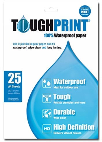 Toughprint A4-Inkjet Waterproof Paper, 25 Sheets High-Definition, Durable, Wipe Clean Sheets, Ideal for Outdoor Sports, Map Printing and Signs