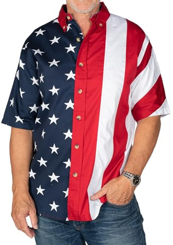 Flagshirt Men's Half Stars Half Stripes American Flag Shirt - Button-Up, Red, White & Blue,, Rwb, XXL