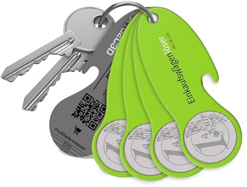Einkaufswagenlöser Münze Grün (4 STK.) – funktionaler Schlüsselanhänger mit Einkaufswagenchip, Flaschenöffner & Profiltiefenmesser – hochwertiger Einkaufschip mit Fundservice