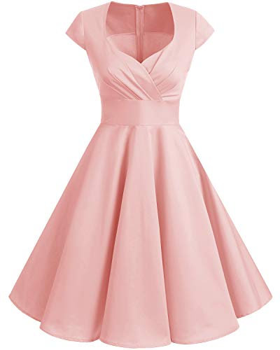 Bbonlinedress Robe Femme de Cocktail Vintage Rockabilly Robe plissée au Genou sans Manches col carré Rétro Blush XS