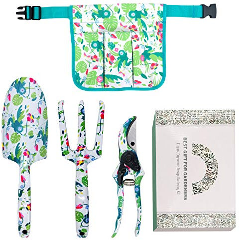 Hortem Garden Tools Set Ladies with Printing Include Trowel, Cultivator and Pruner-Aluminum Gardening Tools, Gifts for Women(4 Piece Green)