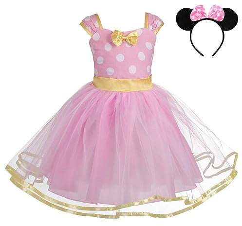 Lito Angels Minnie Fancy Dress Up Costume with Mouse Ears Hair Hoop for Baby Girls, Halloween Birthday Party Mini Polka Dot Tulle Skirt, Age 6-9 Months (Tag Number 80), Pink