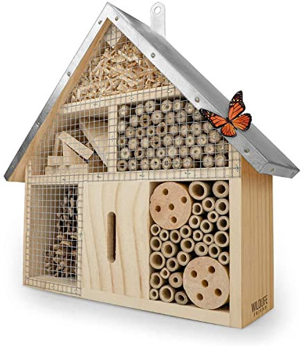 Wildlife Friends Insektenhaus aus Naturholz und Metall zur Befestigung - ideal für Bienen, Marienkäfer, Schmetterlinge - Abmessungen 25x7,5x28 cm - Metalldach