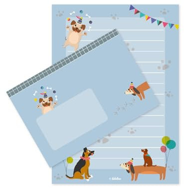 dabelino® Kinder-Briefpapier-Set: Hunde (Mops, Dackel, Schäferhund, Labdrador) - A5, liniert mit Umschlägen + Malblock (für Jungen, Mädchen, blau)