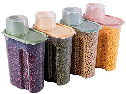 Youyijia 4PCS Cereal Storage Containers 2.2L Airtight Food Storage Container with Spout for Kitchen Plastic Dry Food Dispenser Containers with Measuring Cup for Cereals Rice Pet Food Dry Food