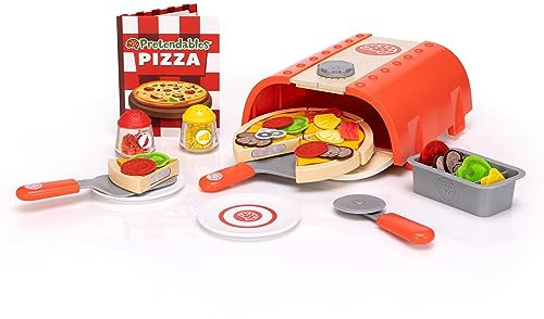 Fat Brain Toys Pretendables Pizza Oven Set - Pretend Play Kitchen with Oven, Peel, Pizza Slices, Toppings and Other Kids Kitchen Accessories - Play Food Learning Toys - Kids Toys for +3 Year Olds