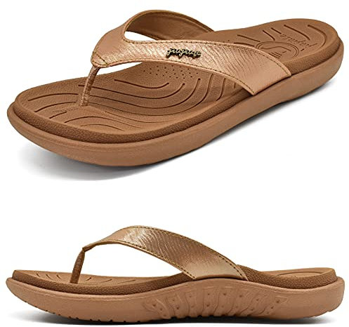 jiajiale Flip Flops Damen Mode Orthopädische Leder Stoff Leicht Zehentrenner Frauen Bequeme Yoga Fußbett Badelatschen Sommer Strand Rutschfest Feste Gummi Sohle Khaki EU40