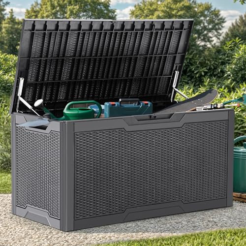 YITAHOME 380 Liter Gartenbox Wasserdicht, Abschließbarem Garten Auflagenbox, Outdoor kissenbox Wetterfest Garten Aufbewahrungsbox mit Seitengriffen für Gartengeräten Poolzubehör Spielzeug, Dunkelgrau