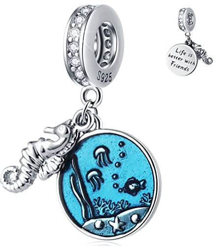 Seepferdchen und Meer Ozean leben Anhänger Charms, Fit Pandora Meer Armband, 925 Sterling Silber Blau Emaille Oktopus Fisch Seestern Perlen mit CZ, Geschenk für Oma/Freunde
