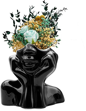 FANATAO Schwarze Vasen aus Keramik, Keramikvasen für Heimdekoration, körperförmige Vase, schwarze Blumenvasen, einzigartige Vasen für Dekoration, Kopfvase für Tischdekoration, 13 cm hoch