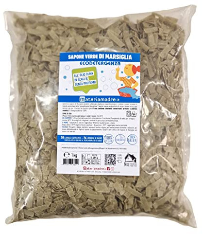 Vero sapone di Marsiglia all'olio di oliva 100% vegetale - Busta 1 kg in scaglie. Prodotto a Marsiglia