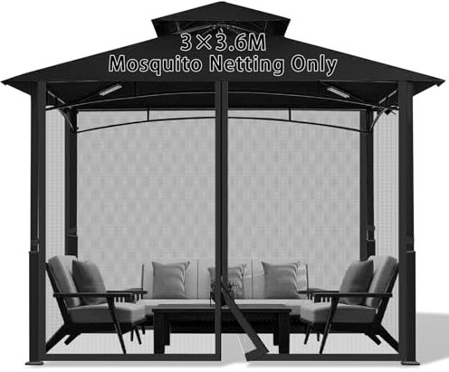 Jianyana Moskitonetz Outdoor, 4-Teilige Sonnenschirm Mesh Moskitonetz Balkon mit Reißverschluss für Pavillon Terrasse Lodge oder Balkon(nur Moskitonetz) (schwarz, 300 cm x 360 cm)