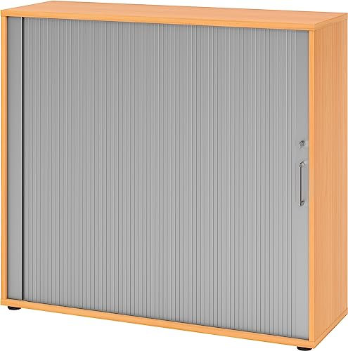 bümö Aktenschrank abschließbar mit Rollladen, Rollladenschrank für Ordner & Co. - Büroschrank mit Rollo, abschließbarer Ordnerschrank aus Holz in Buche/Silber mit Bügelgriff
