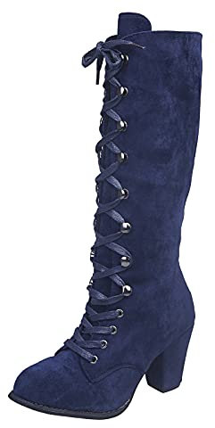 Pizzo Mid vitello Retro Casual Donne Heels Boots Fashion Up Shoes Vintage spessi stivali da donna Stivali Gambale 40cm (Blue, 40)