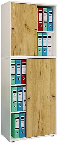 VCM Büroschrank mit 5 Fächern | moderner Aktenschrank mit Schiebetüren | Maße ca. B. 70 x H. 184 x T. 37 cm – Lona 5-Fach Weiß/Honig-Eiche