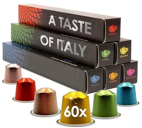 Cafféluxe Aluminum Coffee Pods – 60 Nespresso Compatible Capsules – A Taste of Italy - Coffee Pods for Nespresso Machine – Espresso Pod – Variety Capsule – Pod Gift Set
