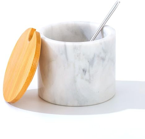 NHKRTE Marmor-Zuckerdose mit Deckel und Löffel, Zuckerbehälter, 325 ml, Zuckerspender, handgefertigt aus natürlichem Marmor, glatte Innenseite (hellweißgrau)