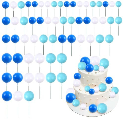 Blumomon 60Pcs Balls Cake Topper DIY Cake Insert Toppers Ball Cake Picks Cupcake Topper for Birthday Party Baby Shower Wedding Cake Decoration(White+Light Blue+Blue)
