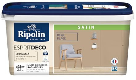 RIPOLIN - Peinture Intérieure Multi-Supports – Murs, Boiseries & Radiateurs – Ultra-Couvrante – Lessivable – Application Facile – Ecolabel - Satin - 2,5L - Beige Plage