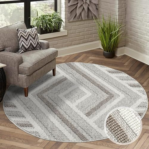 carpet city Teppich Kurzflor Wohnzimmer - Grau, Beige - 120x120 cm Rund - Teppiche Boho-Style - Geo-Muster - Schlafzimmer, Esszimmer