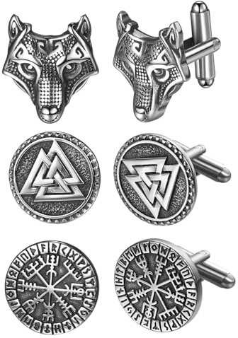 JewelryWe Manschettenknöpfe Herren Wikinger Edelstahl: 3 Paar Nordic Viking Vegvisir Valknut Wolfskopf Manschetten Knöpfe Cufflinks Silber Geschenk für Ehemann Freunden Vater