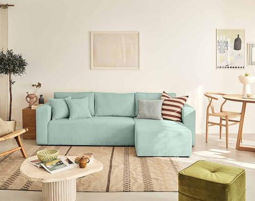 Topaze - 4-Sitzer Ecksofa beidseitig montierbar - mit Schlaffunktion und Bettkasten - aus Strukturiertem Samt Blau