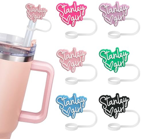 Hikkcos Silicone Reusable Drinking Straws, 6 Pcs Stanley Girl Heart Design Straw Covers with 10mm Compatibility, Food Grade Material