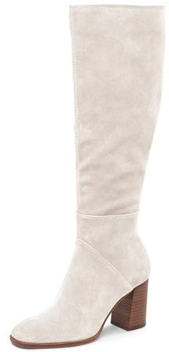 Coutgo Stivali da donna alti al ginocchio, punta quadrata, tacco a blocco, cerniera laterale, in finta pelle scamosciata, stivali lunghi per autunno e inverno, Beige, 40 EU