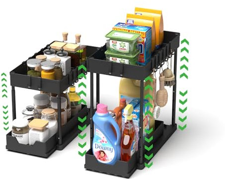 Meltrck 2 Paquete Organizador Cocina 2 Niveles para Debajo del Fregadero - Organizador Estantería Estante Almacenamiento Debajo Fregadero con Ajuste de Altura - 4 Alturas (32cm-46cm),Negro