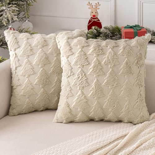 MIULEE Weihnachten Kissenbezug Weihnachtstag 2er Set Kurz Wolle und Samt Kissenbezüge Deko Luxuriöses Winter Zierkissenbezug für Sofa Schlafzimmer Wohnzimmer, Weihnachtsbaum, Beige, 45x45cm