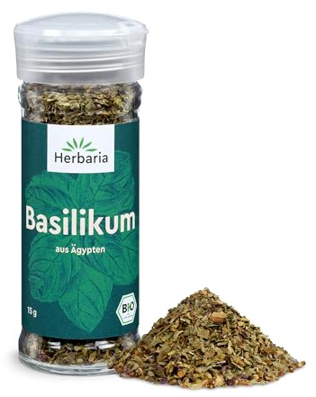 Herbaria BASILIKUM, Bio Basilikum, 15g Gewürzstreuer | Getrocknete Kräuter, mediterranes Gewürz für Pizza, Pasta & italienische Küche, fein-würziges Aroma, Bio-Gewürz im Streuer