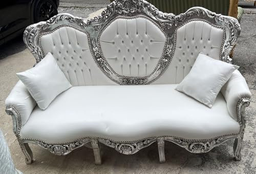 Casa Padrino Barock Kunstleder Sofa Weiß/Silber 180 cm - Barock Wohnzimmer Möbel
