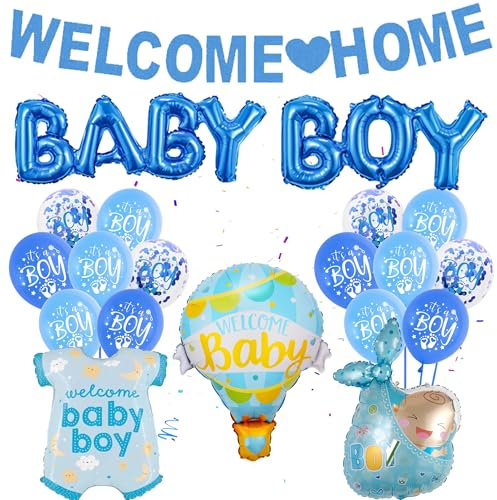 Welcome Home Baby boy Dekorations - 32 Stück Babyparty Deko Welcome home Banner Blau Heißluftballon It's a boy Ballons Baby Handtuch Folienballon für Junge Baby Shower Gender Reveal Party