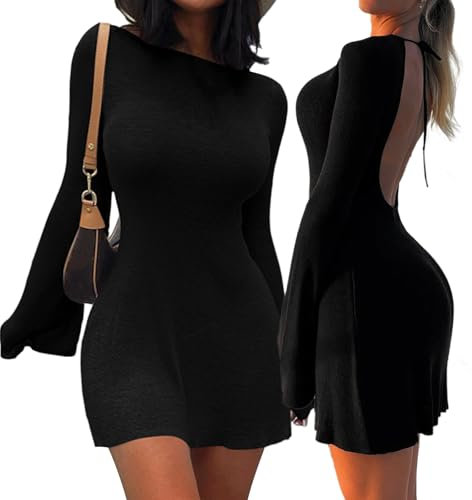 MeeQee Womens Long Sleeve Mini Dress Elegant A-Line Flare Short Dress Sexy Boat Neck Backless Tie Back Dresses Bodycon Casual Night Out Party Clubwear Black