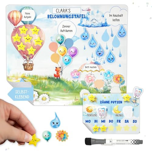 TOBJA Belohnungstafel Kinder Set 25x30 cm inkl. Zahnputztafel, abwischbarem Stift & wiederablösbaren Stickern – perfekte Belohnungssystem Kinder ab 3 Jahren, selbstklebend & wiederverwendbar