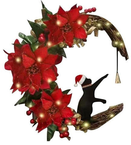 Corona navideña de Gato preiluminada, Corona navideña iluminada, Decoraciones navideñas góticas para la Pared de la Puerta de Entrada, Decoraciones navideñas para Interiores y Exteriores (B2)