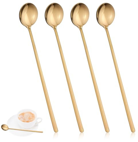 Coffee Spoons Set of 4 Gold Tea Spoons Long Handle Stirring Spoons 6.7 Inches Gold Espresso Spoons for Coffee Bar Gold Ice Teaspoons Stainless Steel Coffee Spoons Cocktail Mixing Spoons