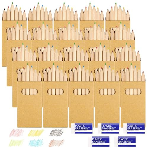KASURE 20 Pack Buntstifte Set mit je 6 Buntstiften und 5 Radiergummis, 120 Buntstifte Kinder, Mehrfarbig Holzstifte im Kartonetui, Mini Buntstifte für für Kinder, Kunststudenten und Anfänger