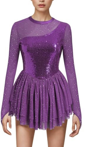 FYMNSI Damen Eiskunstlauf Kleid Glitzer Pailletten Langarm Ballettkleid Ballettkleidung Gymnastik Leotard Turnanzug Tanzkost�m Eiskunstlaufkleid Eislaufen Skating Kleider Gymnastikanzug Lila M