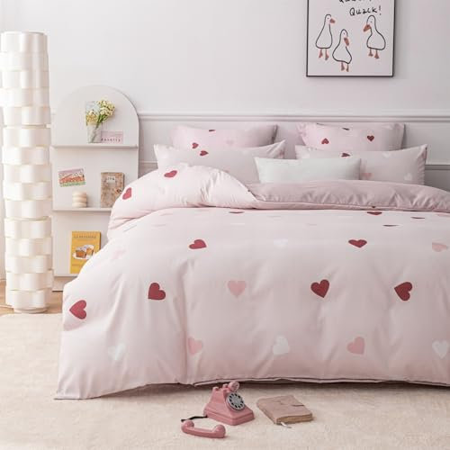 Gezu Housse de Couette 240x260cm Cœur Rouge Rose Ado Adultes Parure de Lit 2 Personnes avec Fermeture Éclair Housse Couette Filles en Microfibre Doux Respirant avec 2 Taies d'oreiller 65x65cm