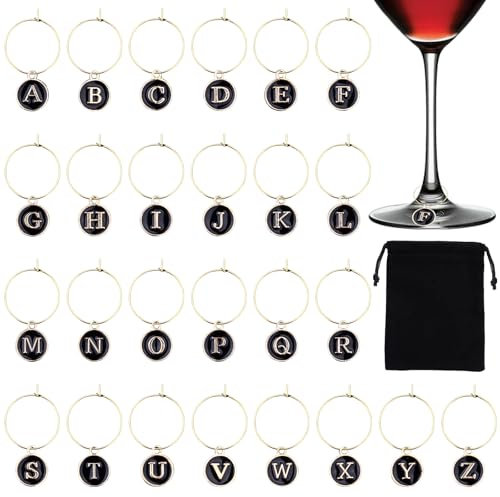 52 Pcs Wine Glasses Charms with 1 pcs Black Storage Bag, Glass Charm Rings, Glass Labels for Party, Wine Markers, Letters Beads Markers for DIY Decorations and Party, One Size, Alloy, No Gemstone