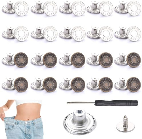 Jeansknöpfe aus Metall, 17 mm, verstellbar, abnehmbar, mit Schraubendreher, für Jeans, Kleidung, Hosen, 20 Stück