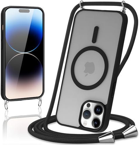 Knrlqim Magnétique Coque pour iPhone 14 Pro Max 6,7 avec Cordon,Compatible avec MagSafe,Etui Translucide Mat Arrière Housse Fine Antichoc, Réglable Collier Lanière Étui Portable Lanyard Case,Noir