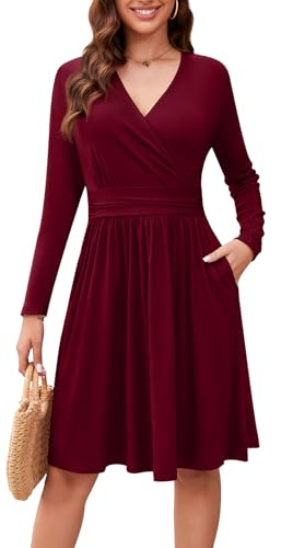 Actcat V-Ausschnitt Kleid Langarm Kleider Kleider Damen mit Taschen | Casual,Festliche Kleider,Winterkleider,Herbstkleid,Kleider für Damen,Party