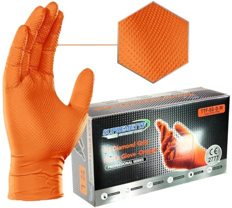 8 Mil Nitrile Disposable Diamond Grip Gloves, Heavy-Duty, Latex & Powder Free, Food Safe, Extra Thick For Mechanic Automotive Oil Work (Orange, XXL [Size 11])