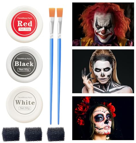 AMSNINK Halloween Schminke Set für Erwachsene und Kinder, Gesichtsfarbe in Schwarz, Rot und Weiß mit 2 Pinseln und 3 Schwämmen, Theaterschminke für Gesicht- und Körperbemalung bei Karneval